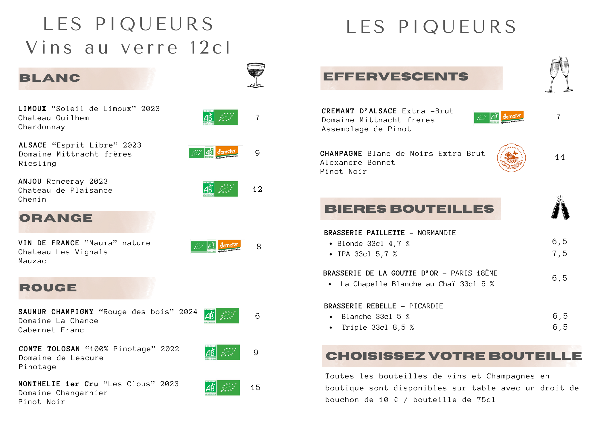 carte bar a vins Les Piqueiurs